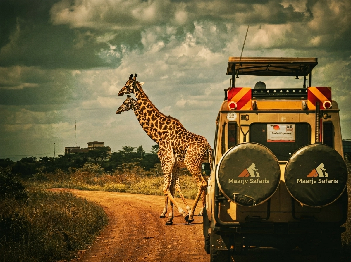 A safari vehicle pauses as a giraffe crosses a quiet track in East Africa.