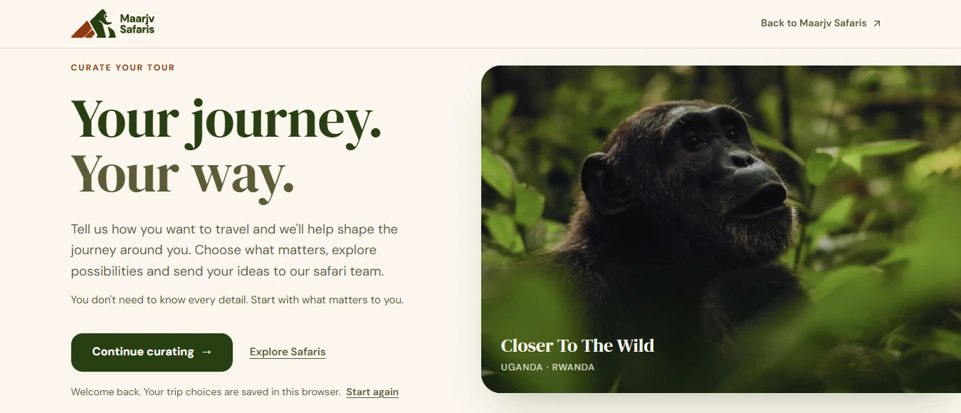 The Maarjv Curate Your Tour planner opening screen, with the headline Your journey. Your way., a Continue curating button, and a note that trip choices are saved in this browser